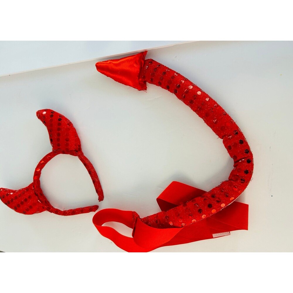 Women’s Red Sequin Devil Horns and Tail Costume Accessory Set